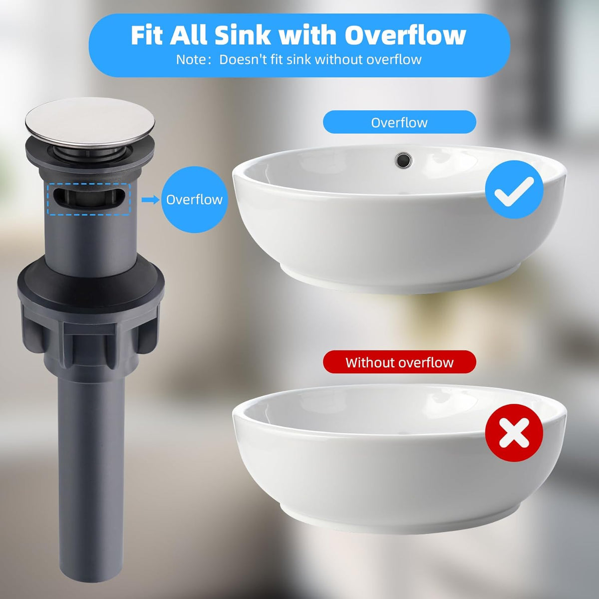 Hibbent 2 Pack Universal Bathroom Sink Drain Stopper, Pop Up Drain Strainer with Overflow, Push and Seal Sink Plug with Basket for Lavatory Vanity Vessel, Anti-Clogging Strainer, Brushed Nickel