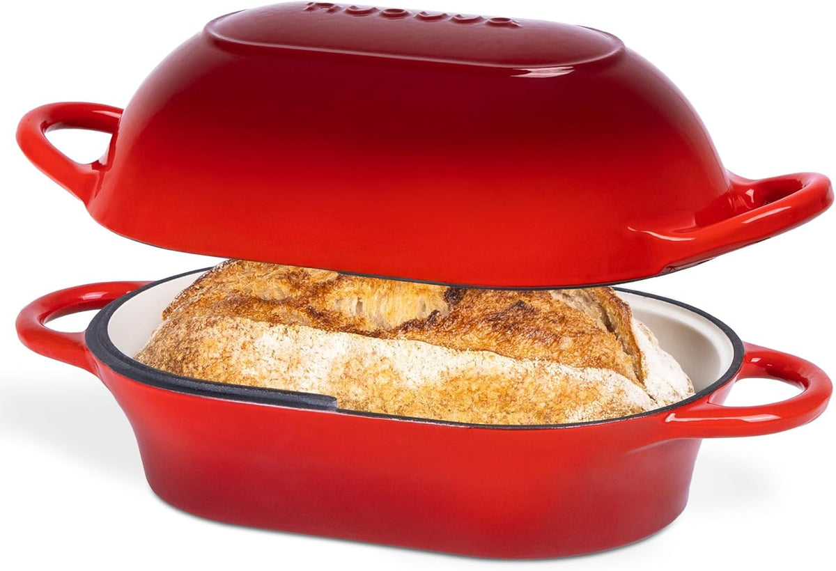 Dutch Oven For Sourdough Bread Baking – Enamelled Cast Iron Bread Loaf Pot – Oven Safe Non Stick Bread Pot – Rectangular, Red, 24cm x 16cm – by Nuovva