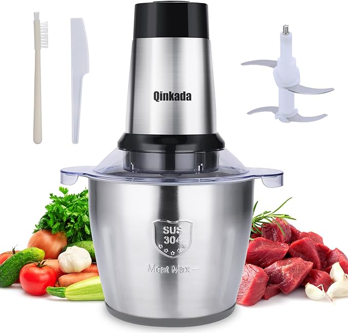Qinkada Food Processor, 500W Powerful Meat Grinder, 14Cup Stainless Steel Bowl, 3 Speed Modes 4 Bi-Level Blades for Onion, Meat, Nuts, Fruit, Garlic, Vegetable, Baby Food