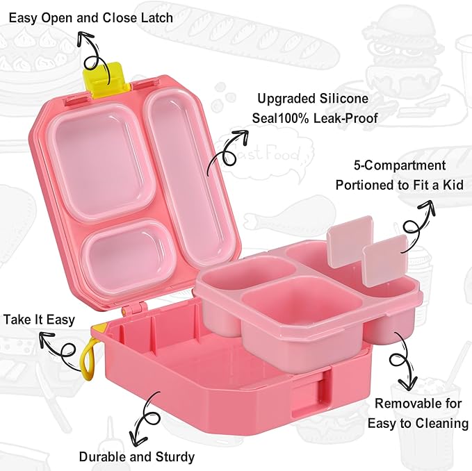 Itslife Bento Lunch Box Set for Kids with 12oz Soup Thermo&Lunch Bag, Leak-Proof Lunch Food Containers for Kids School, 5 Compartment, Sauce Cup, 10 Notes (Mermaids Pink)