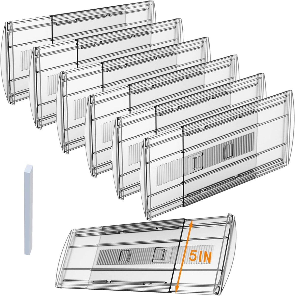 6 Pack Adjustable Drawer Dividers for Clothes,5" High Expandable From 13-22" Clear Drawer Organizers, PC Plastic Separators for Dresser/Bedroom/Bathroom/Kitchen/Office Storage
