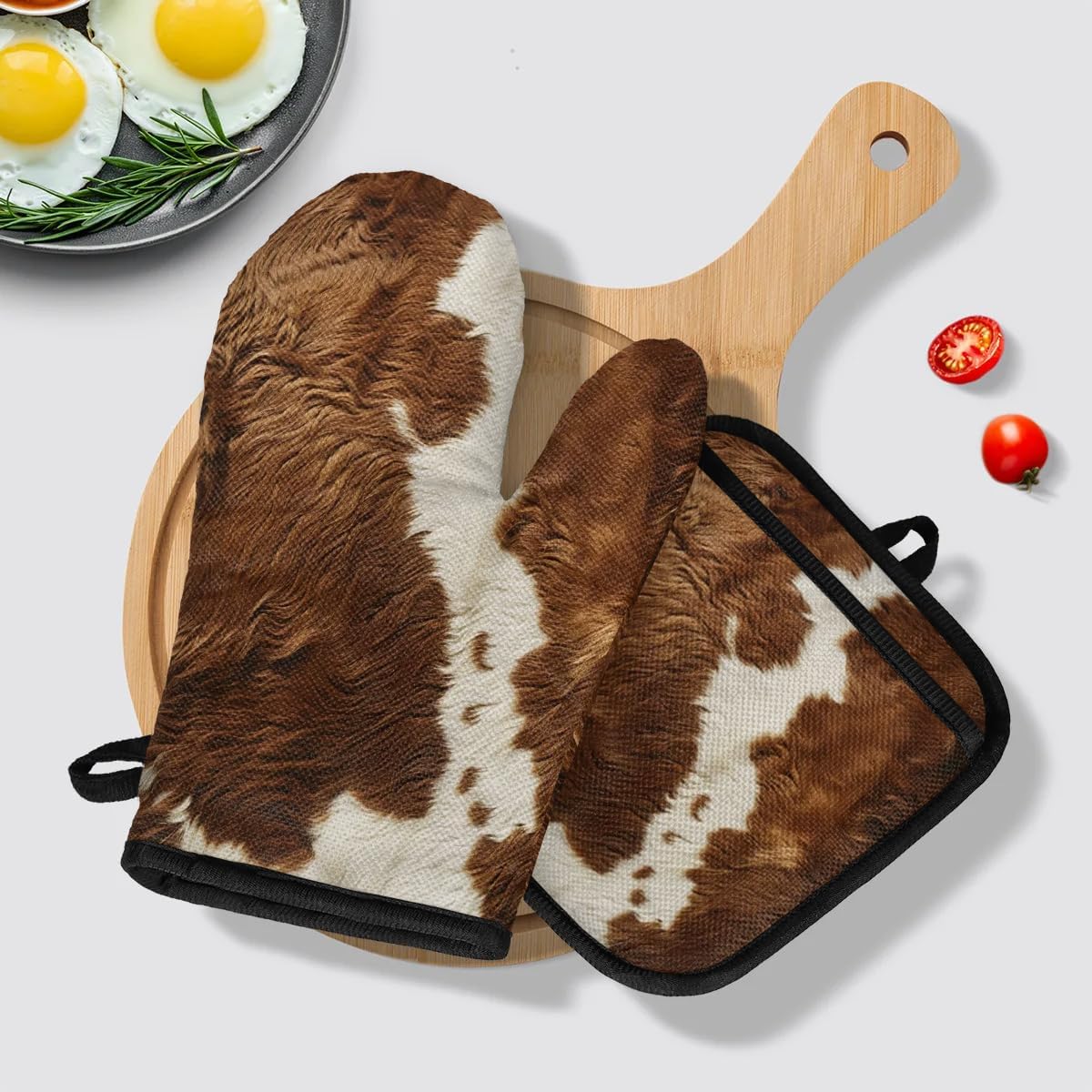Cow Print Vintage Brown Oven Mitts and Pot Holders Sets, 2 Pcs Cow Decorative Kitchen Oven Glove for Cooking
