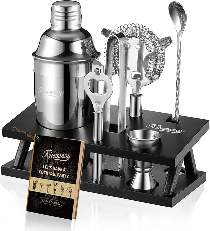 KITESSENSU Cocktail Shaker Set Bartender Kit, 6-Piece Silver Bar Set with Stand, Bar kit with Essential Bar Accessory Tools: Martini Shaker, Jigger, Strainer, Bar Spoon, Tongs, Opener
