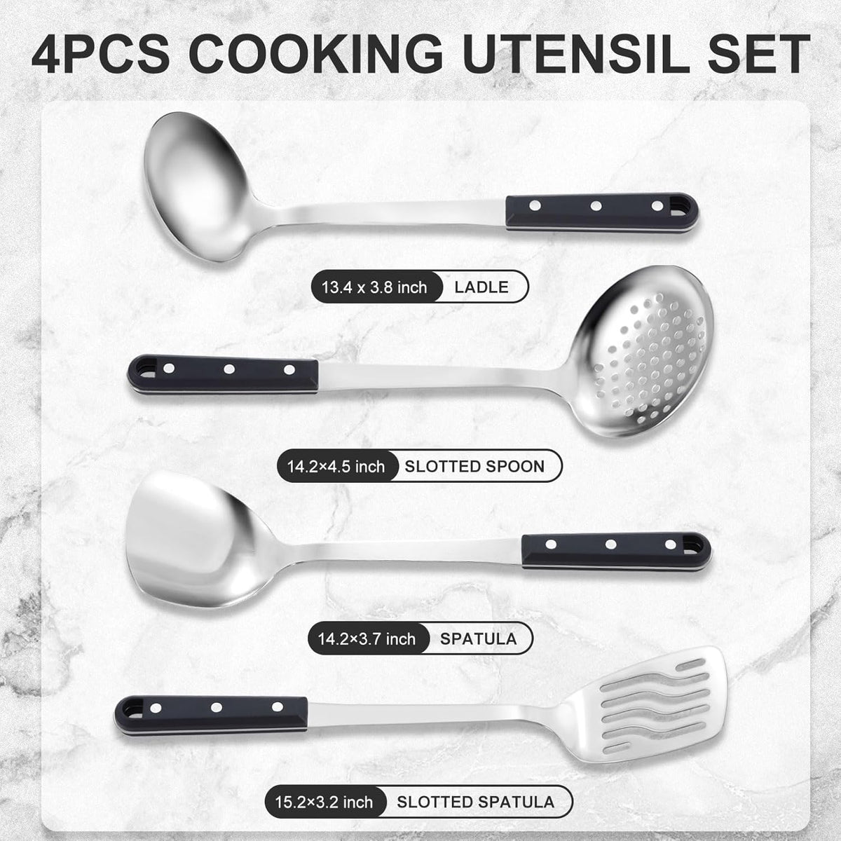 Pleafind 4-Pcs Cooking Utensils Set, Stainless Steel Kitchen Utensils, Mirror Polished Kitchen Essentials Set Include Wok Ladle, Slotted Spoon, Wok Spatula ＆Slotted Spatula, Dishwasher Safe