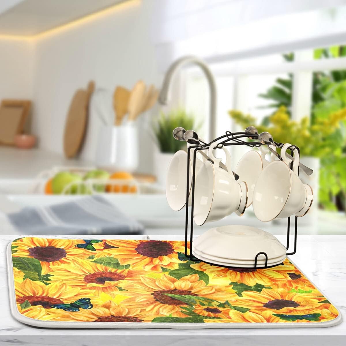 Super Absorbent Dish Drying Mat, Microfiber Fast-Drying Dish Mat, 16" x 18", Kitchen Dish Drying Pad, Sunflowers And Green Blue Butterflies
