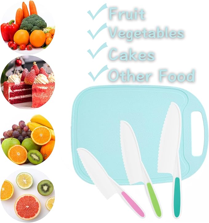 Kids Knife Set for Real Cooking, 4 Pieces Toddler Knife Set, Nylon Kitchen Baking Knife with Cutting Board, Firm Grip, Serrated Edges Kids Knives for Cutting Cakes, Fruit, Veggies & Bread