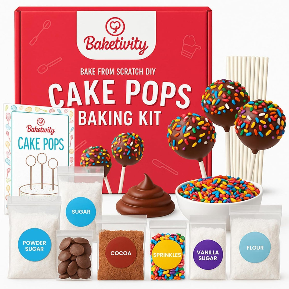 Baketivity DIY Cake Pop Baking Kit for Kids - Premeasured Ingredients, Decorating Supplies