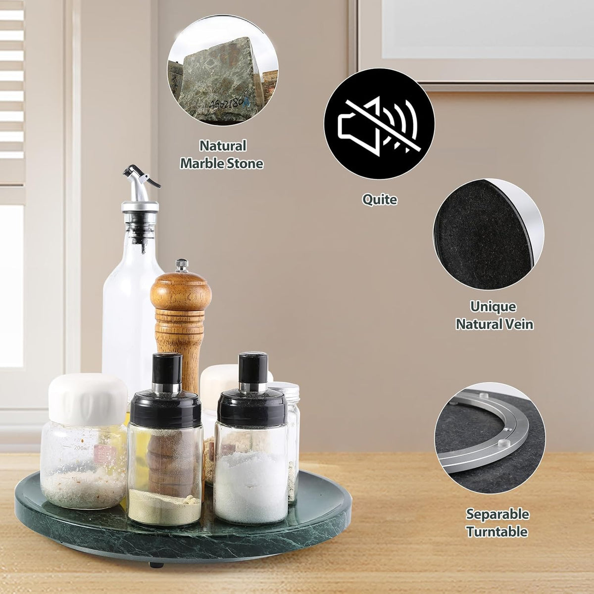 Marble Lazy Susan, 12in Lazy Susan Turntable Organizer for Cabinet Pantry Kitchen Countertop Fridge Bathroom Makeup Vanity Countertop, Detachable Lazy Susan for Table Top, Italian Green