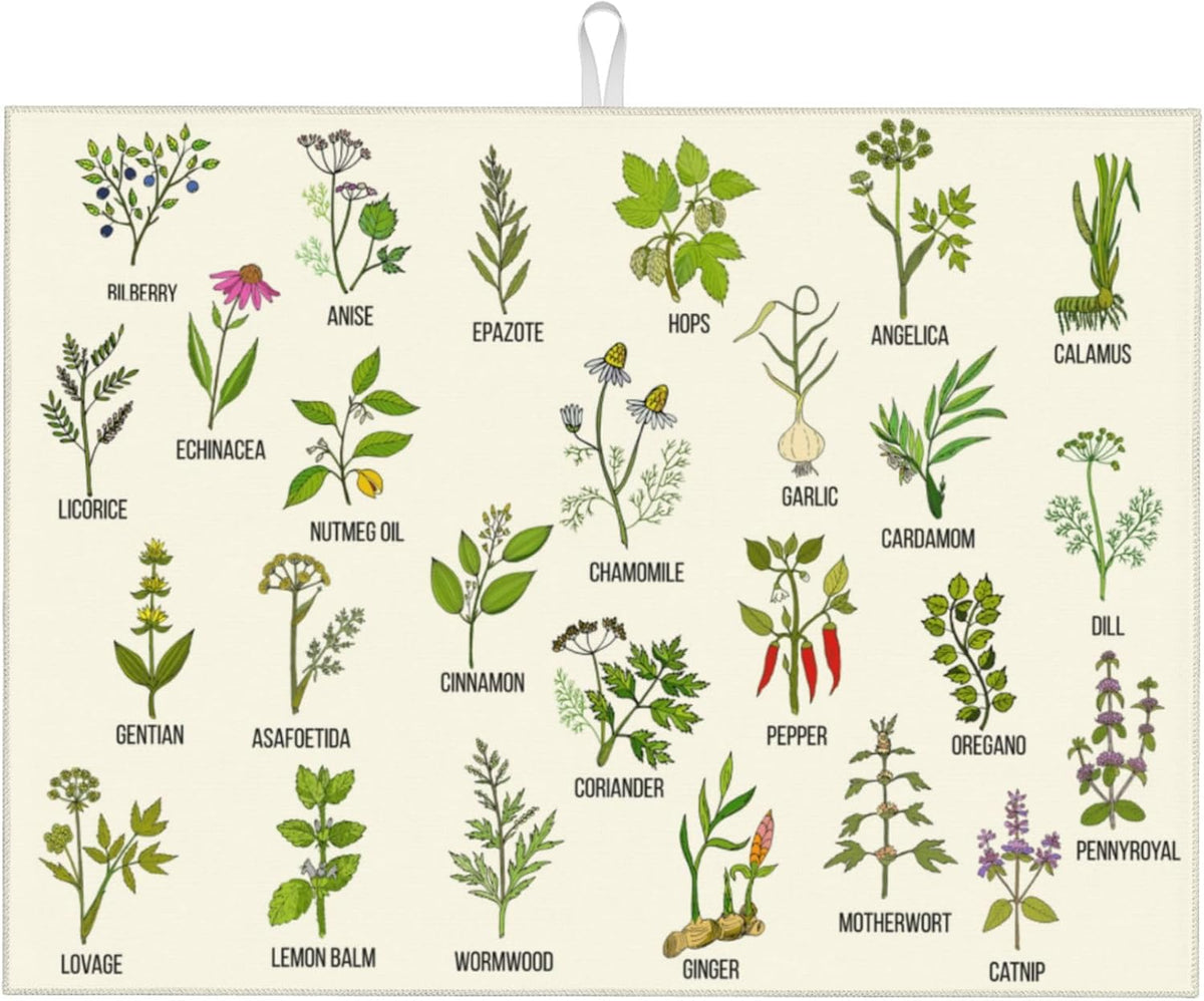 Cute Herbs Botanic Garden Plants Dish Drying Mat for Kitchen Counter Modern Drying Pad 18x24 Inch Absorbent Reversible Dish Drainer Rack Mats