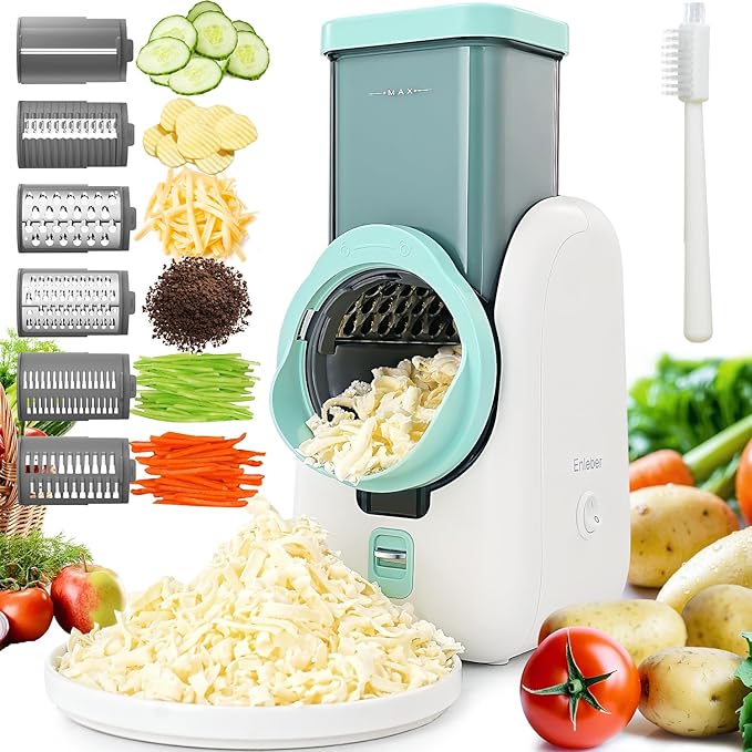Electric Cheese Grater Rotary Slicer-One-Touch Control Vegetable Slicer, Nuts Grinder Cheese Shredder for Home Kitchen Use, 6 Replaceable Stainless Steel Blades(White)