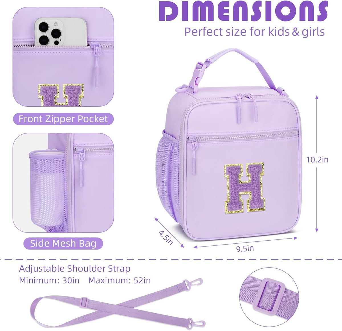 Initial Insulated Lunch Bag for Girls Kids, Back to School Gift, Reusable Leak-proof Lunch Box with Adjustable Strap for School Daycare Travel Picnic (Purple,H)