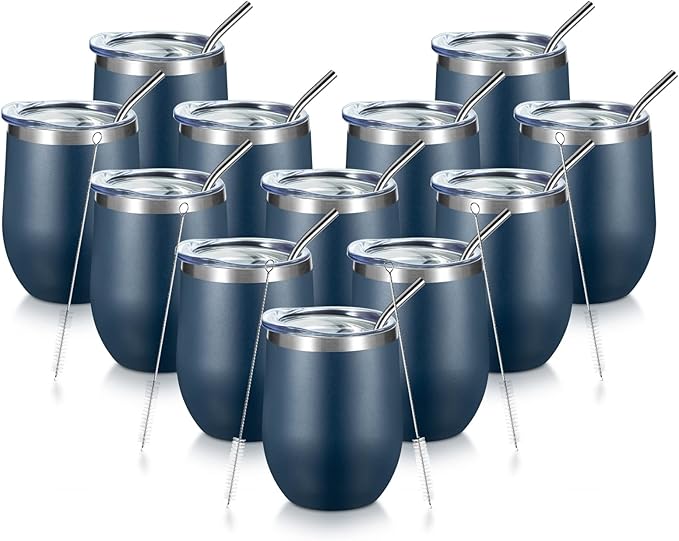 COMOOO 12 Pack Stainless Steel Wine Tumblers with Lid and Straw 12oz Double Wall Vacuum Insulated Wine Tumbler Cup Stemless for Hot and Cold Drinks, Coffee, Wine, Cocktails, Navy