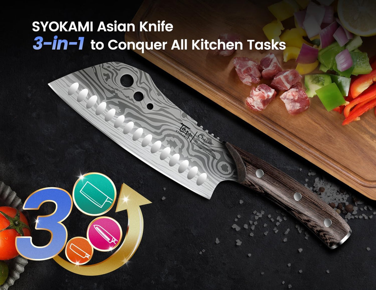 Cleaver Chef Knife with Herb Stripper, 7" Asian Kitchen Knife 3-in-1 Combined with Chef's Knife, Santoku, Nakiri for Slicing, Chopping, Dicing, Mincing, Housewarming Birthday Cooking Gifts