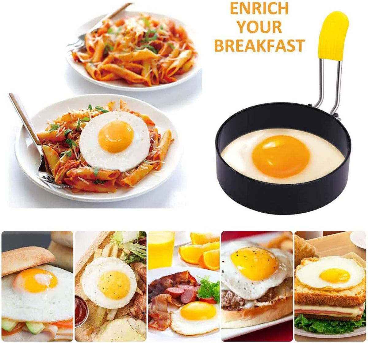 Egg Ring for Frying Eggs and English Muffin - Round Egg Shaper Mold with Anti-scald Handle - Stainless Steel Non-stick Egg Cooker Ring - 4 Pack