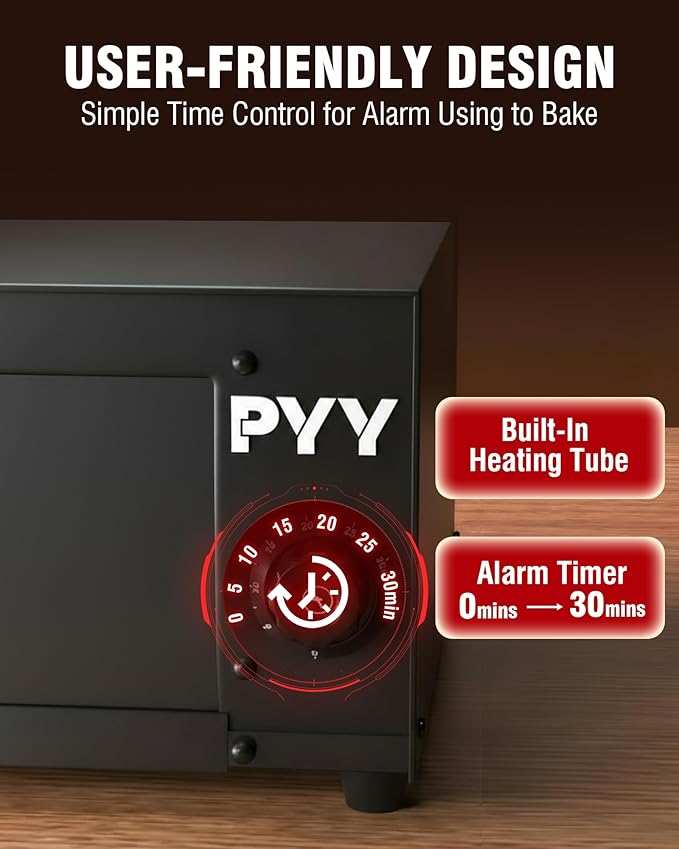 PYY Pizza Oven Electric - 12 Inch Tabletop Pizza Oven Indoor Stainless Steel Professional Pizza Cooker Baker Countertop with Timer & Crumb Tray for Home Restaurant 1100W,Black