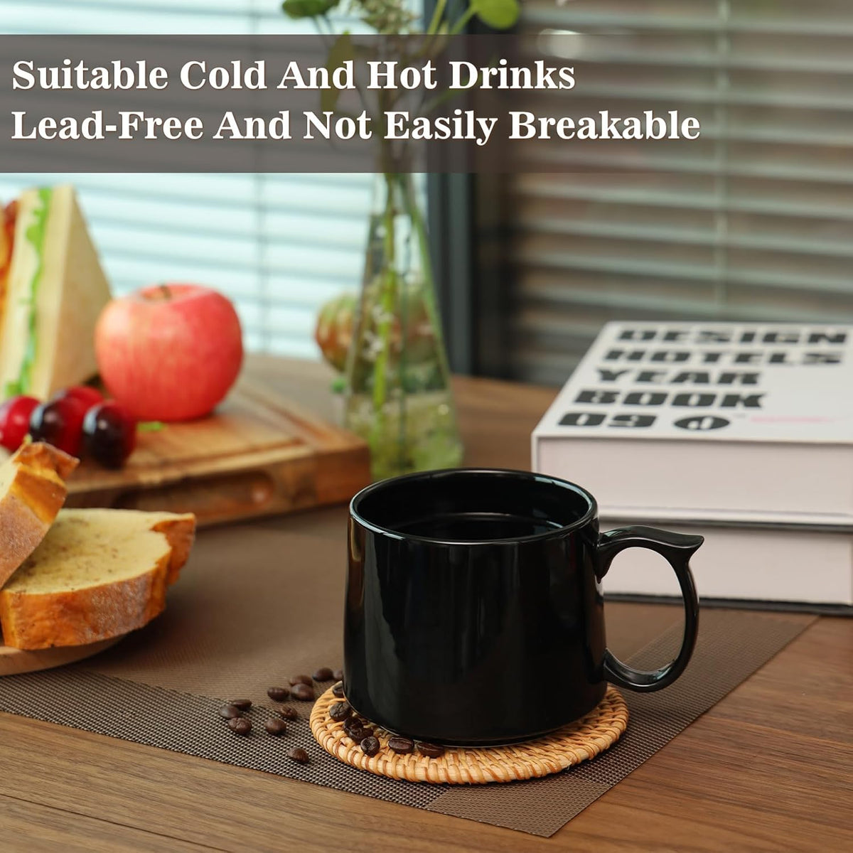 19 oz Large Coffee Mugs Set of 4, Stackable Ceramic Coffee Mugs with Large Handles for Coffee, Latte, Cappuccino, Milk, Dishwasher & Microwave Safe, Ideal for Men, Women, Dads and Moms (Black)
