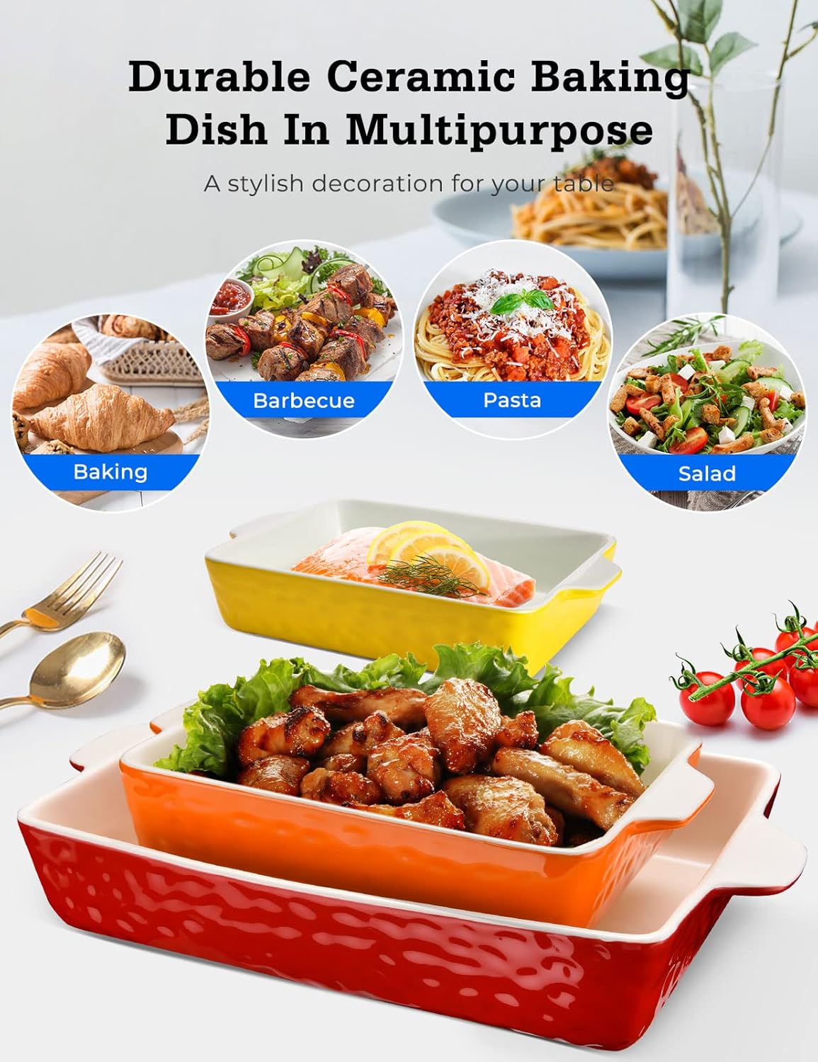 3Pack Ceramic Baking Dish for Oven Large Casserole Baking Dish with Handles Packaging Upgrade Nonstick Ceramic Bakeware for Cooking, Cakes, Lasagna & Gift, Red
