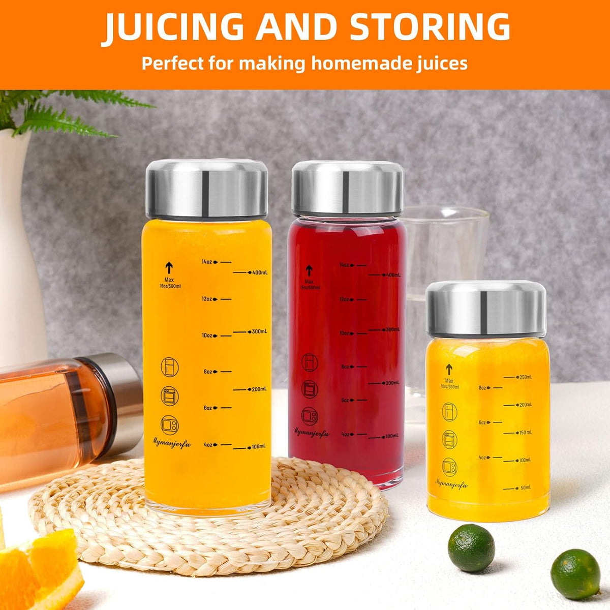 Glass Juice Bottles 4 Pack 12 oz - Wide Mouth Glass Water Bottles with Lids - for Juicing, Smoothies, Milk, Protein, BPA Free, Reusable, Stainless Steel Lids, Leak Proof, Shaker bottle [12oz/400ml]