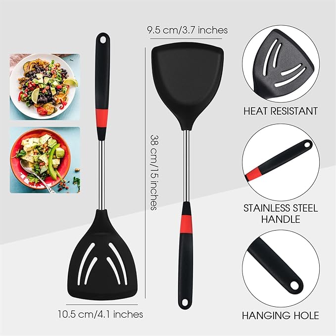 3 Pieces Silicone Stainless Steel Turner Spatula Set Includes Flexible Silicone Wok Spatula Slotted Spatula Skimmer Slotted Spoon for Nonstick Cookware Cooking Baking Supplies
