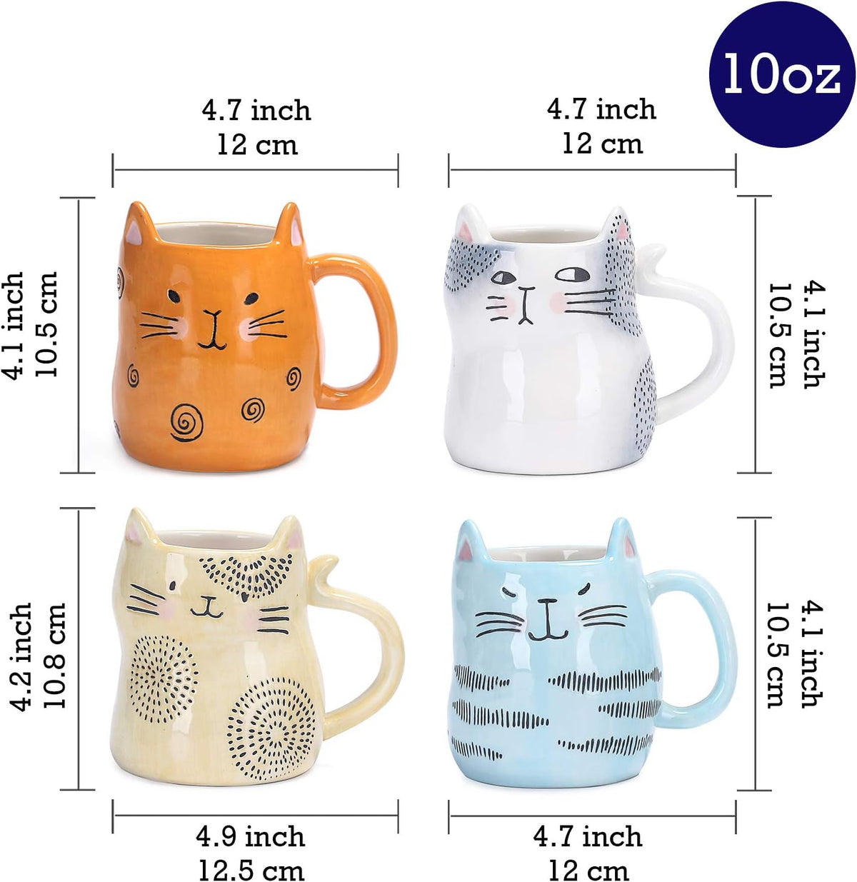Bico Cartoon Cat Coffee Mugs Set of 4, Cute Ceramic Mugs with Unique Cats Faces, Stoneware Coffee Tea Mug Gifts for Cat Lovers, Women and Men, Microwave and Dishwasher Safe (10 oz)