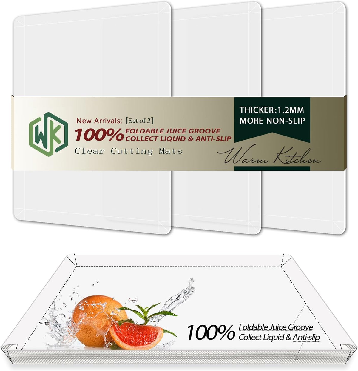 WK Flexible Plastic Cutting Boards Mats with Lip, Foldable Cutting Board for Kitchen Set of 3, Clear Cutting Boards, Nonslip Cutting Mats Sheets, BPA Free, Dishwasher Safe