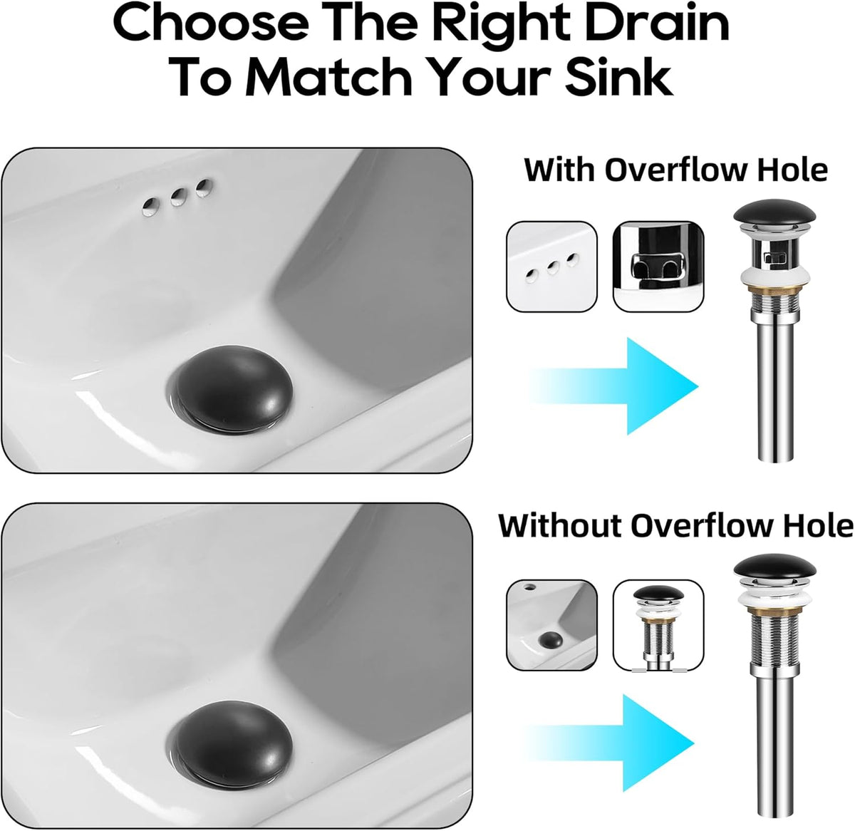 Bathroom Sink Drain with Overflow, Ceramic Cap Pop Up Drain Stopper, Rustproof Brass and 304 Stainless Steel, Black