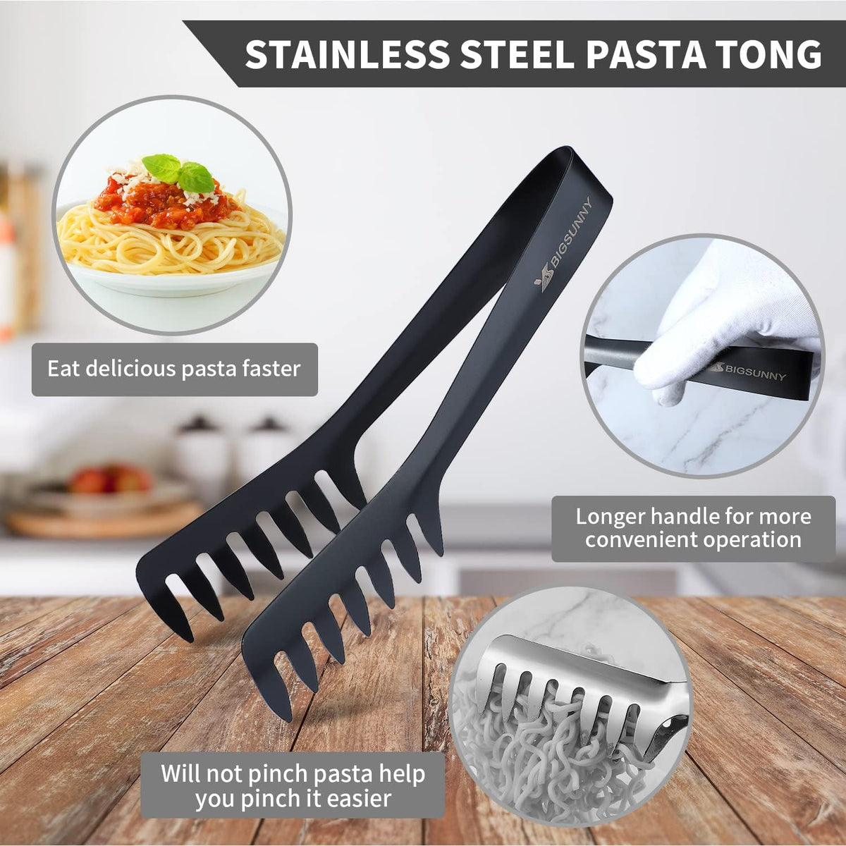 MSY BIGSUNNY 8-Inch Pasta Tongs, Stainless Steel Food Serving Tongs, Rust-Proof Spaghetti Tongs (Set of 2, Black)