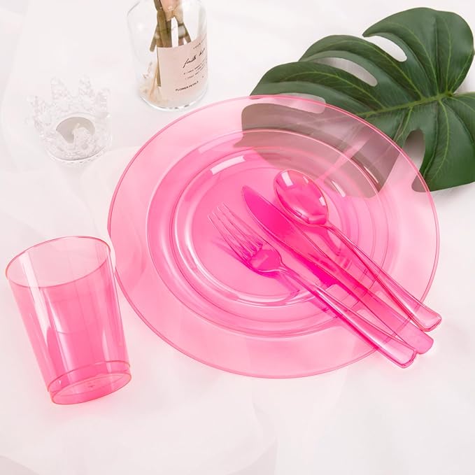 WDF 180 Pieces Pink Plastic Silverware Disposable - Clear Pink Cutlery Sets 60 Forks, 60 Knives and 60 Spoons - Heavy Duty Disposable Utensils for Wedding, Party