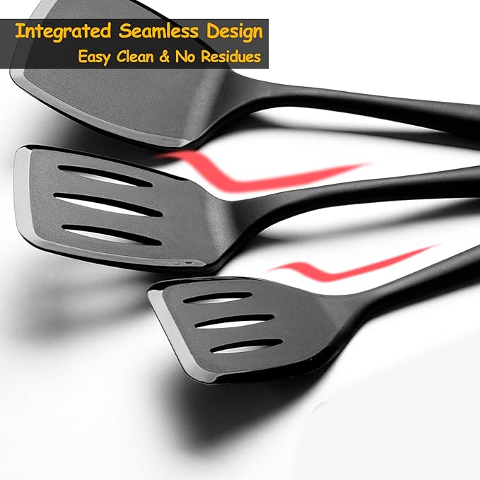 Silicone Spatula Set, 600°F Heat Resistant Silicone Spatula Turner Flipper for Cooking, Non Stick and Non Scratch Kitchen Utensils for Eggs & Fish, 2 Pack, Black