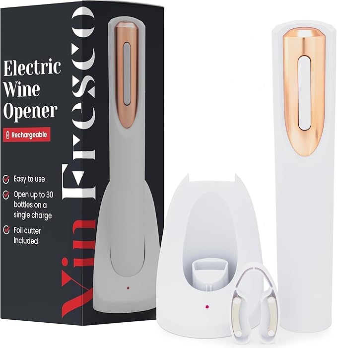 Rechargeable Electric Wine Bottle Opener - Charging Base and Foil Cutter Included with Automatic Wine Opener - Electric Corkscrew for Easy Cork Removal - Best Gift for Wine Lover (White & Rose Gold)
