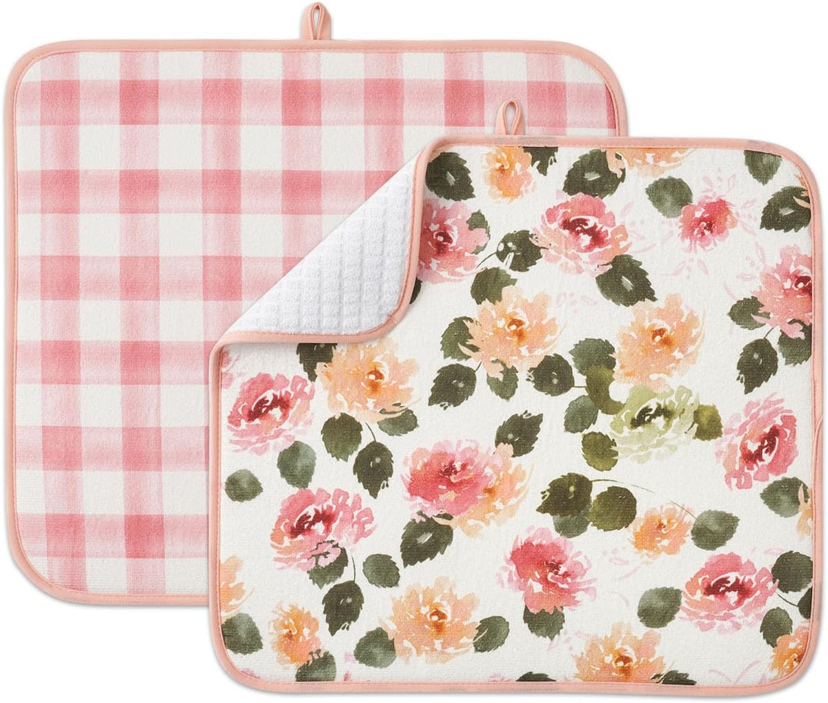 FRESHMINT Printed Dish Drying Mats for Kitchen Counter 2 Pack Absorbent Reversible Drying Mats Microfiber Kitchen Countertop Protector Dishes Drying Pad Extra Large 18"x16" Dish Mat (Floral)