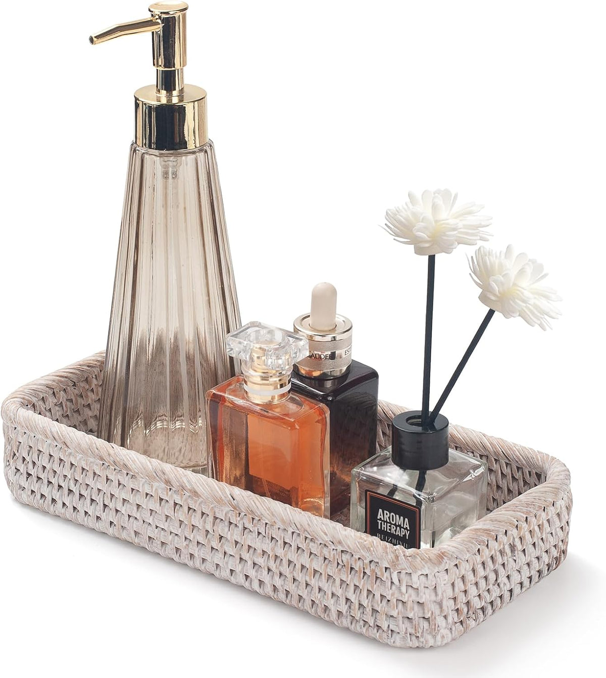 Rattan Bathroom Vanity Tray, Toilet Tank Tray, Toilet Basket Tank Topper, Bathroom Basket for Organizing and Decor (Whitewash, 10.2" x 4.9" x 1.6")