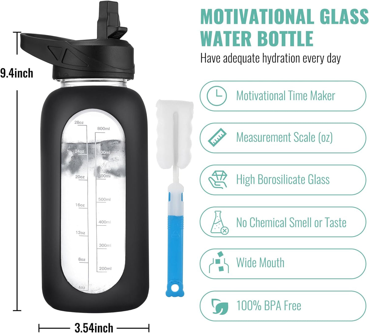 CIVAGO 32 oz Glass Water Bottle with Straw and Handle, Large Sports Motivational Water Bottle Flask with Time Marker and 2 Lids, Leakproof Water Jug Canteen with Silicone Sleeve for Gym,Apricot