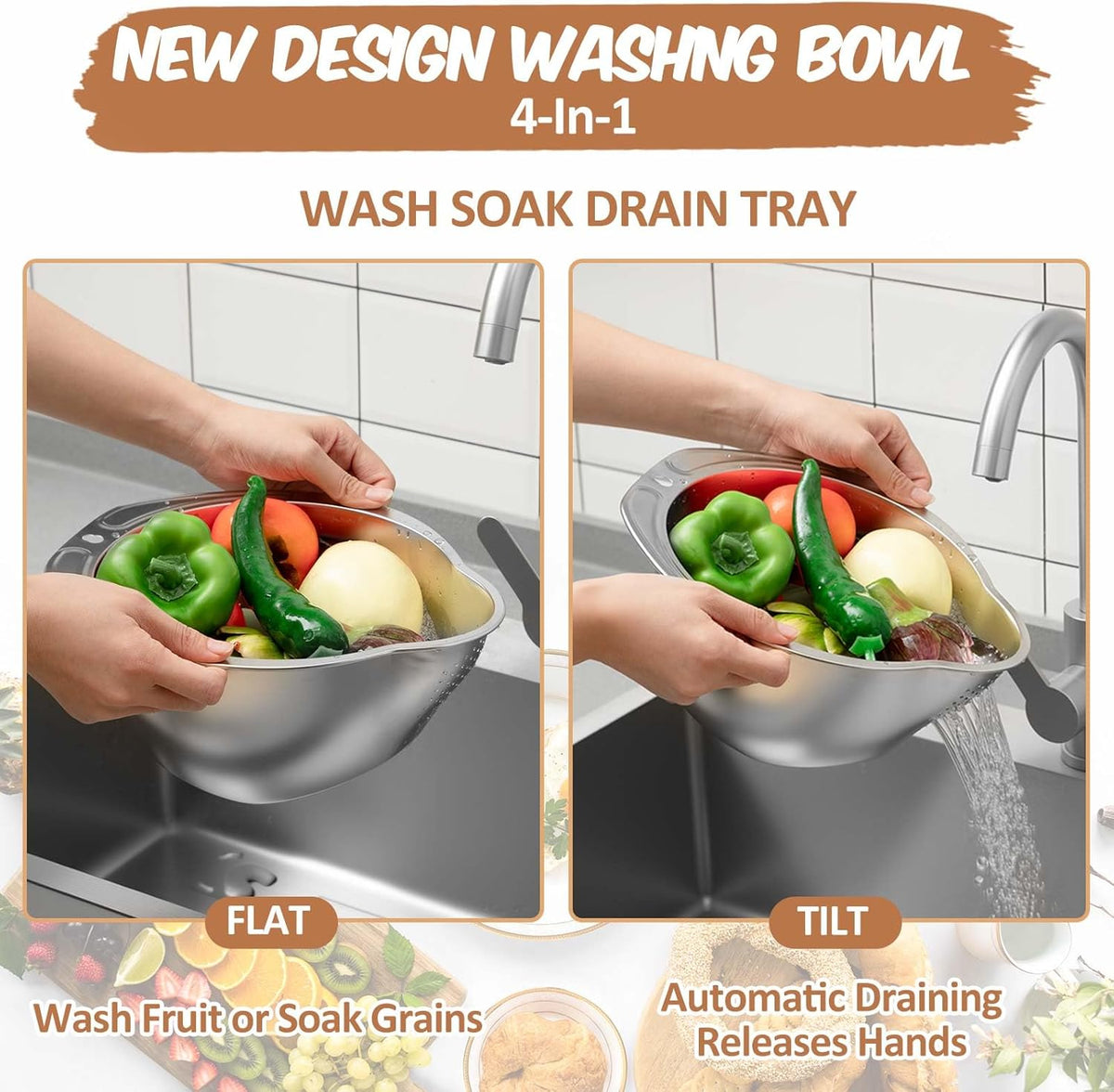 2 Pcs Rice Washer Strainer Bowl 4-in-1 Washing Bowl for Quinoa, Stainless Steel Rinser with Side Drainers Small Colander for Cleaning Fruits, Vegetables, and Beans - Versatile Kitchen Tool