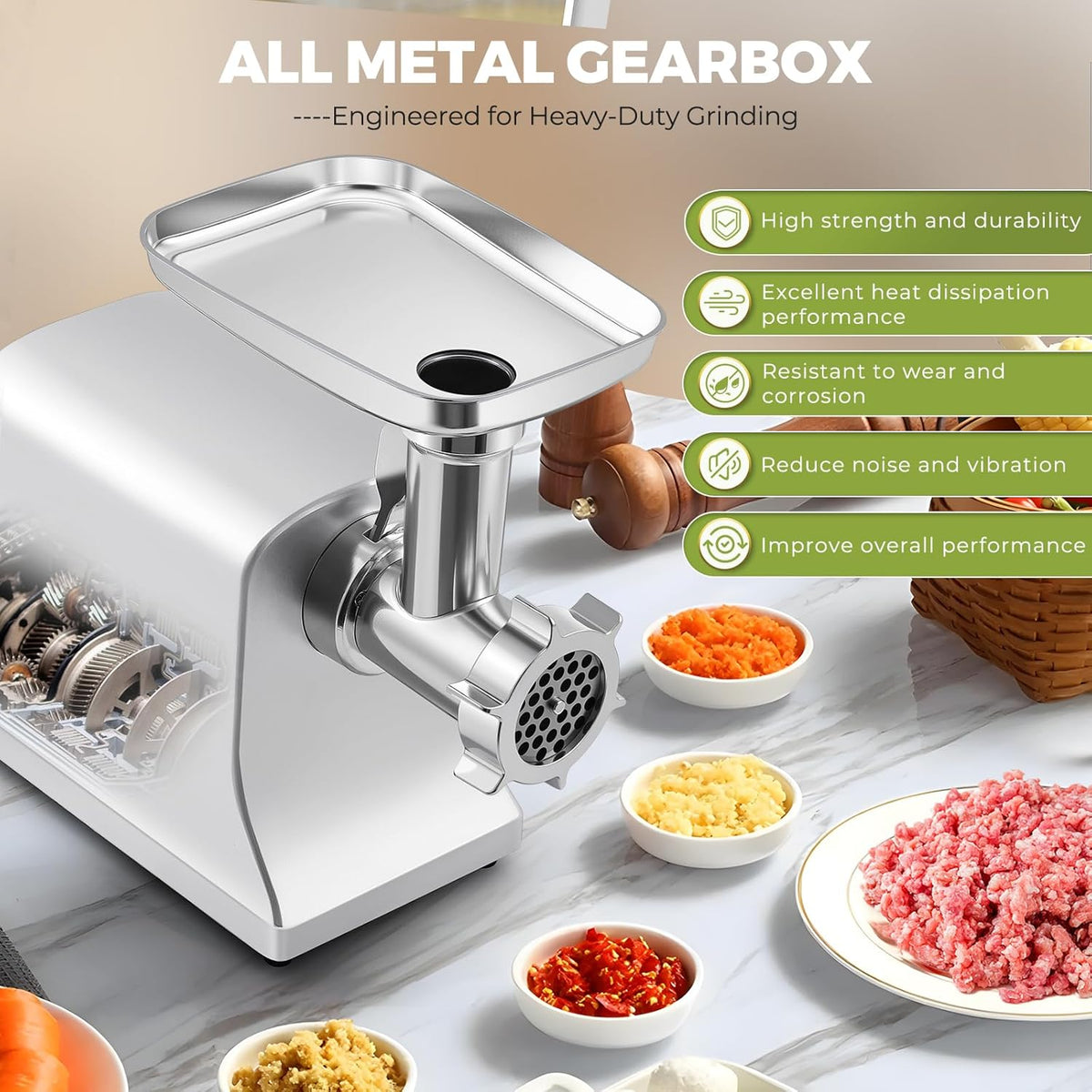 Electric Meat Grinder 3200w Commercial Heavy Duty Metal Gearbox Meat Grinder and Sausage Stuffers, Kubbe Kit for Household Use & Commercial