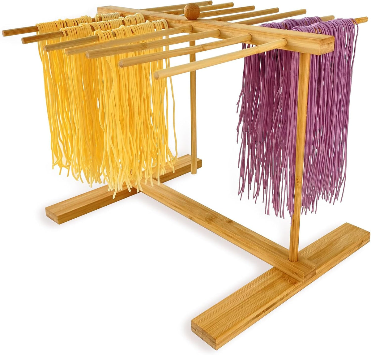 Bamboo-Pasta-Drying-Rack with Transfer Wand & 14 Arms, Large Collapsible Fresh Pasta Dryer Holder for Homemade Noodle, Spaghetti, Tagliatelle, Detachable Fettuccine Hanger Stand with 14 Bars