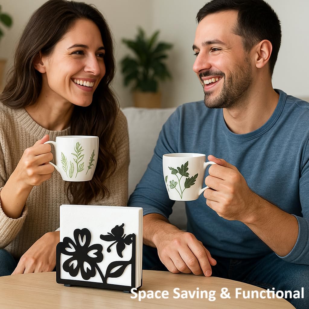 Butterfly napkin holder Set – 2 Pack Black metal napkin holder in the shape of a flower & Coffee filter holder for Kitchen, Dining & Coffee Bar – Fits Everyday, Cocktail Napkins & Filters Size 2 & 4