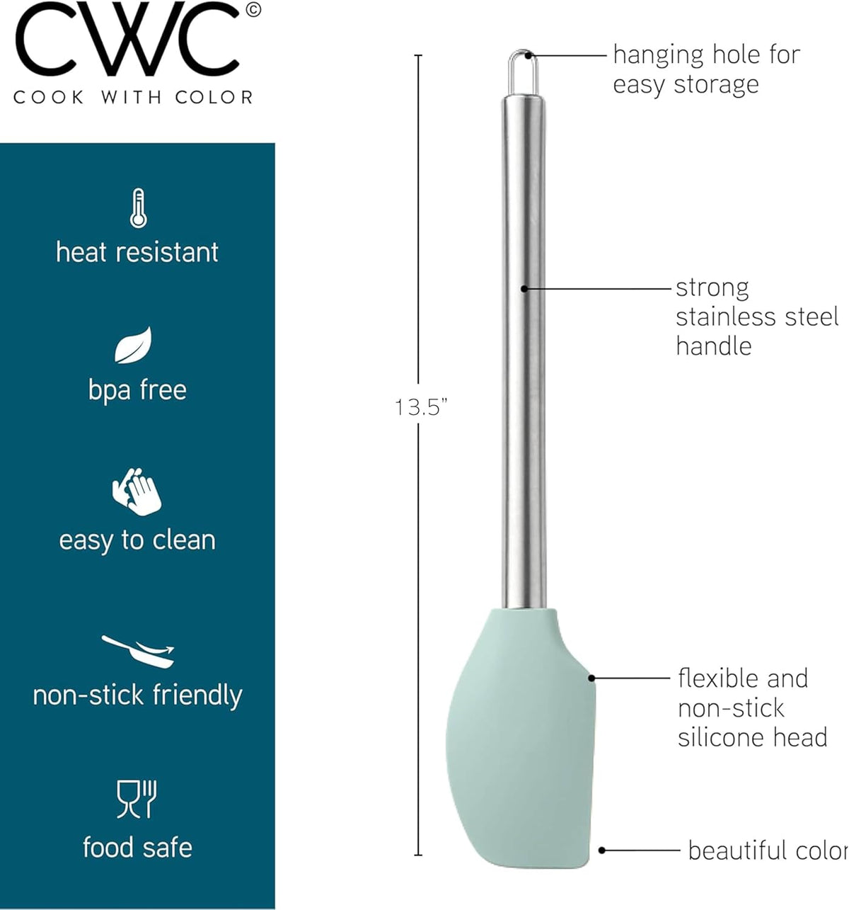 COOK WITH COLOR Silicone Cooking Utensils, Kitchen Utensil Set, Easy to Clean Silicone Kitchen Utensils, Cooking Utensils for Nonstick Cookware, Kitchen Gadgets Set, 10 Pieces, Teal