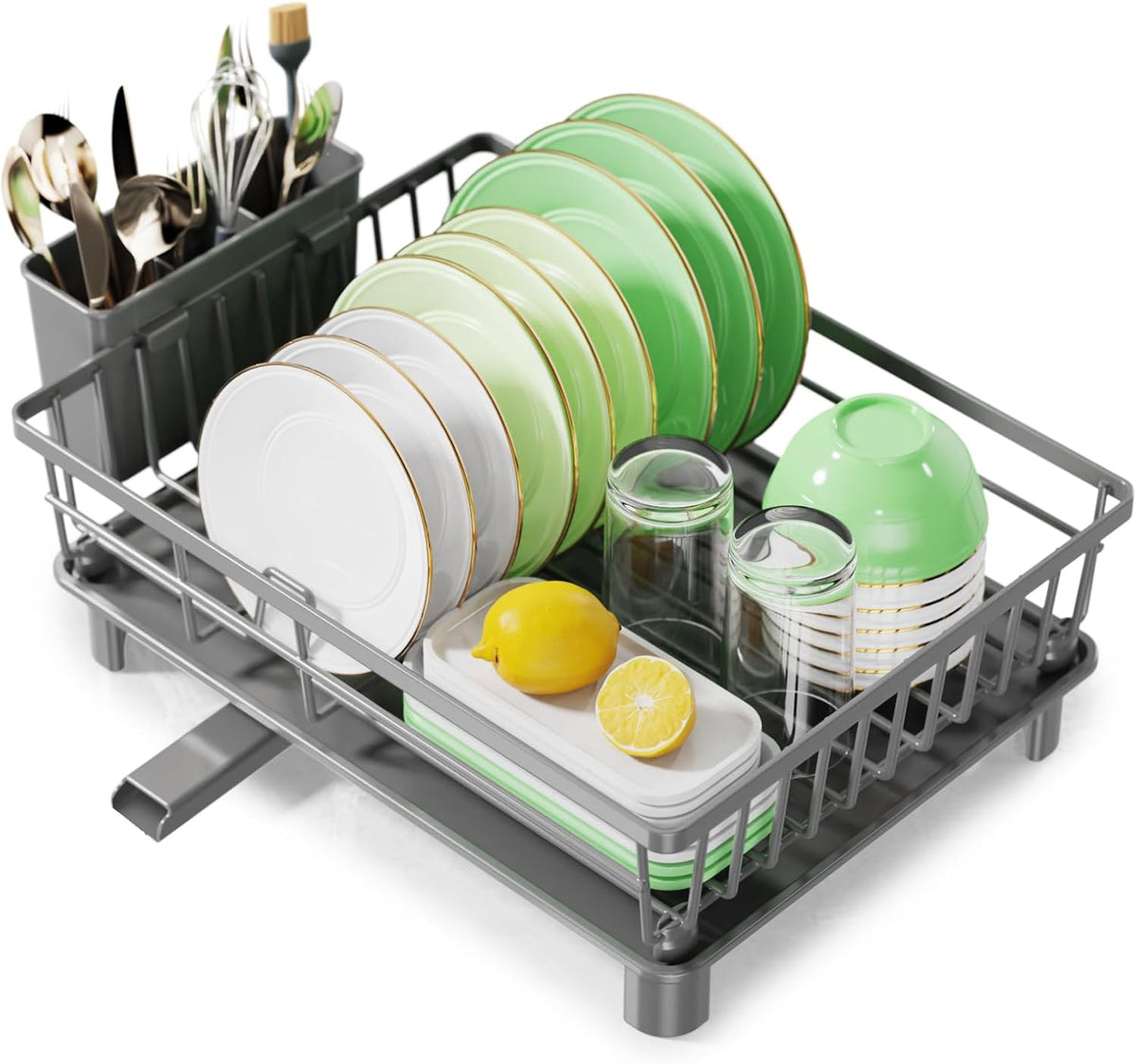 Dish Drying Rack, Stainless Steel Drainer Rack with Drainboard with Smart Drainage System, Space Saving Dish Strainer for Kitchen Counter with Cutlery Holder, Grey