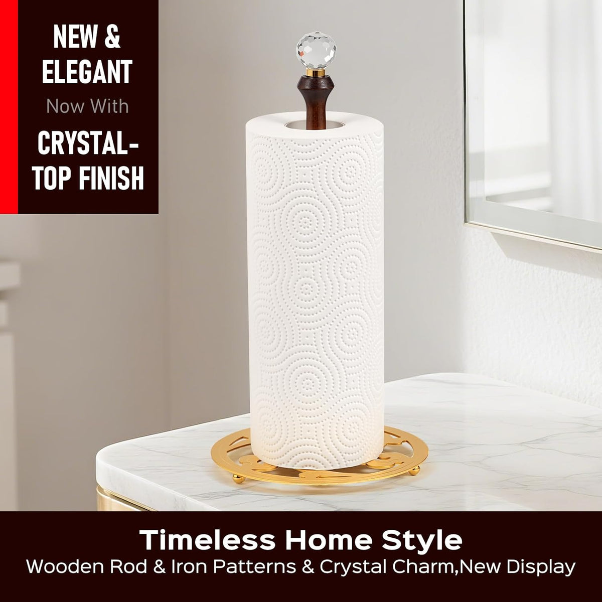 Wooden Countertop Paper Towel Holder,Iron Base with Die-Cast Pattern, Solid Wood Rod & Crystal Finial Top,Slow Reveal Artistry, Stable&Durable, Easy Install - Elevates Kitchen Décor(Gold)