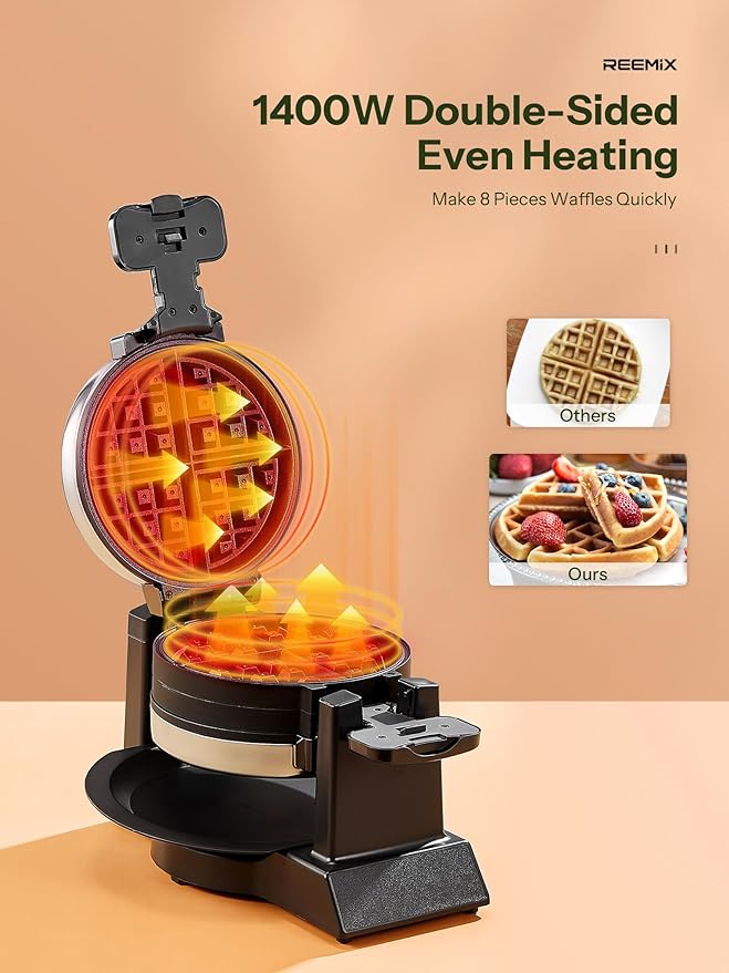 Classic Waffle Iron, Double Belgian Waffle Maker 180°Flip, 1400W Waffle Iron 8 Slices, Rotating & Nonstick Plates with Removable Drip Tray, Cool Touch Handles, Stainless Steel (8 Slices)