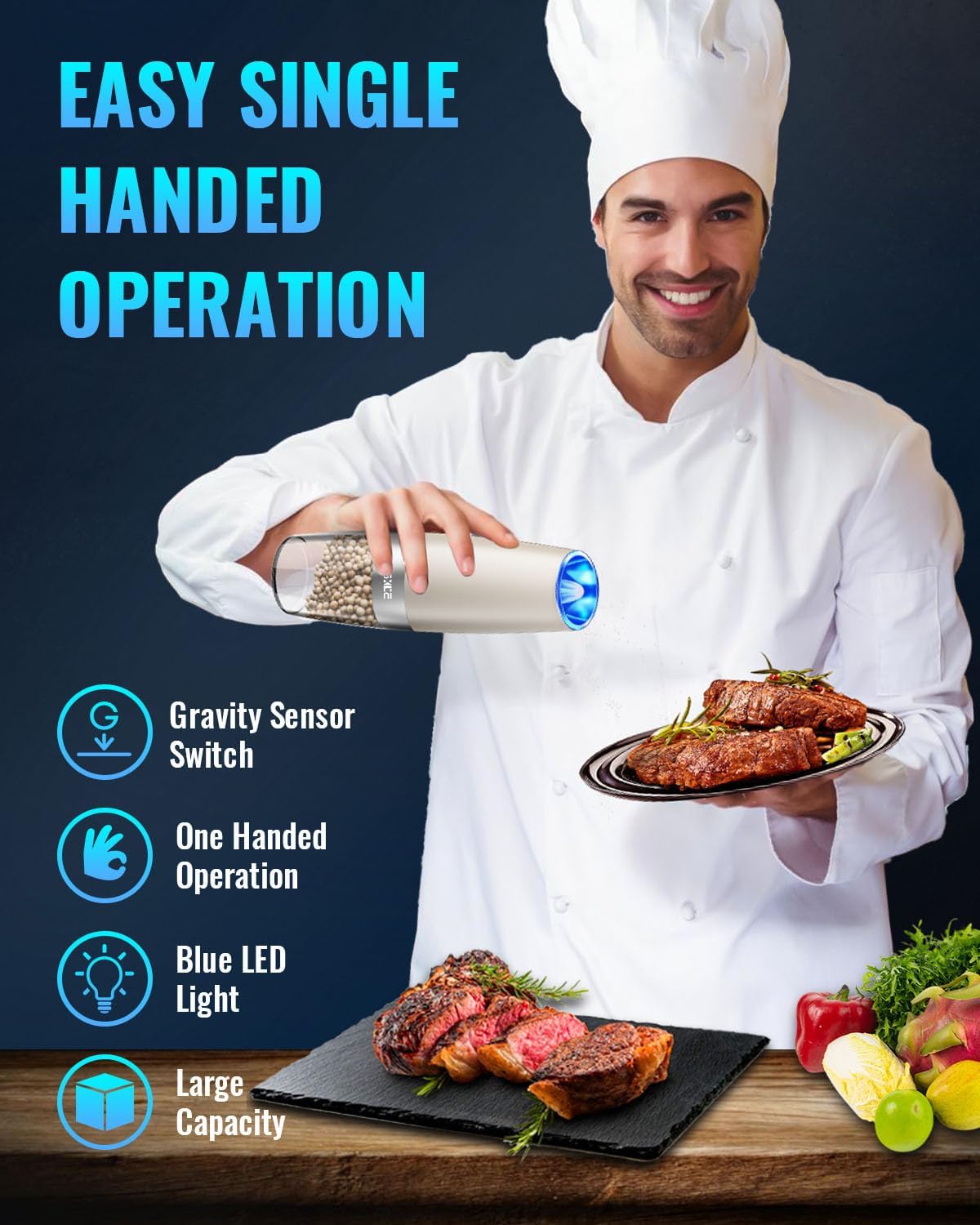 XinXu Gravity Automatic Electric Pepper and Salt Grinder, Auto Salt or Pepper Mill Shaker Stainless Steel,Blue LED Light,One Hand Operated- (Set/Khaki)