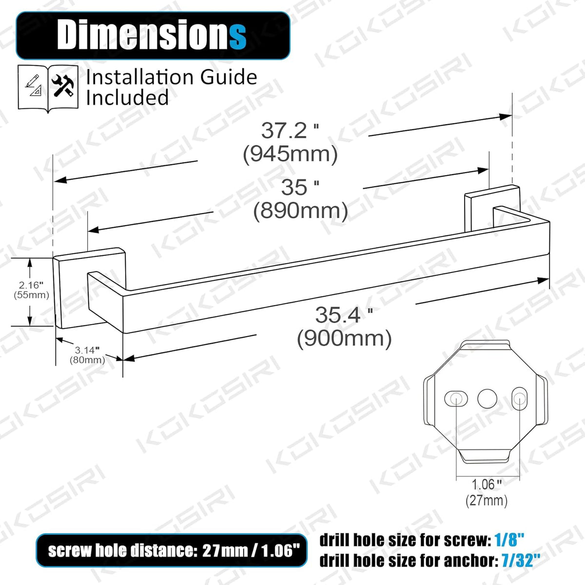 KOKOSIRI 36-Inch Single Towel Bar, Bathroom Kitchen Towel Holder, Wall Mounted SUS304 Stainless Steel Towel Rack, Brushed Nickel, B4003BR-L36