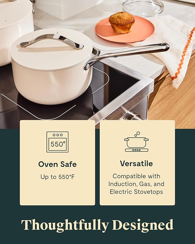 Caraway Nonstick Ceramic Sauce Pan with Lid (3 qt) - Non Toxic, PTFE & PFOA Free - Oven Safe & Compatible with All Stovetops (Gas, Electric & Induction) - White