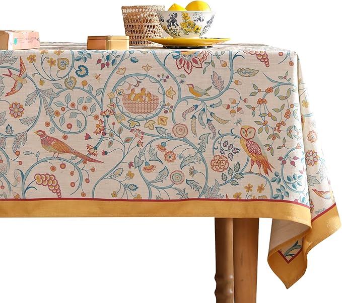 patdrea Designer Vintage French Tablecloth for Rectangle Table,Floral Birds Pattern Linen Table Cloth,Yellow Decor Cover for Kitchen Dining Banquet,Christmas,Thanksgiving,63"x110"-Magnolia