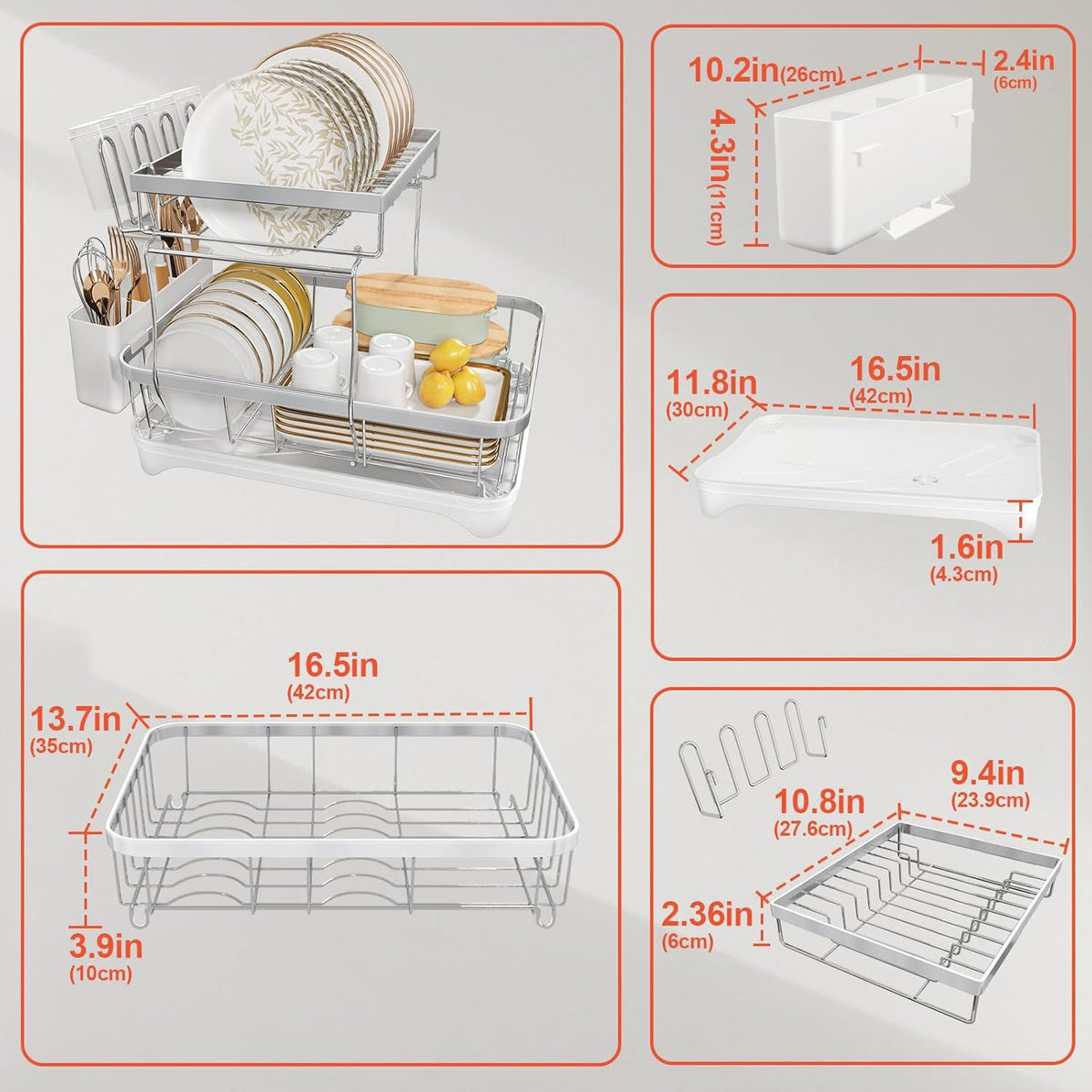 Dish Drying Rack for Kitchen Counter, 2-Tier 304 Stainless Steel Dish Rack with Adjustable Drainage Board, Removable Cup Holder, Utensil Holder, White