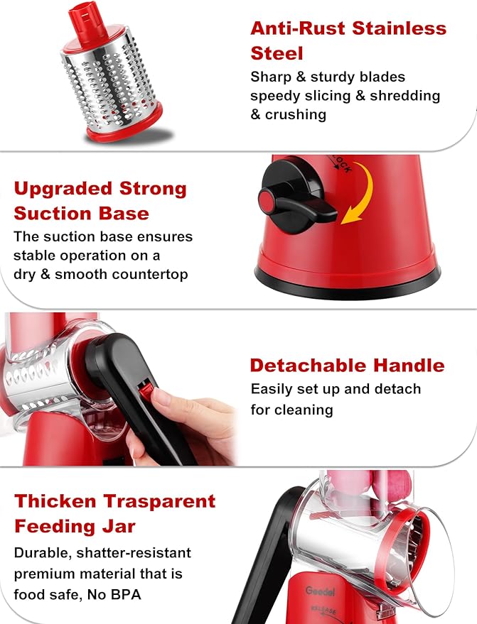 Geedel Rotary Cheese Grater Cheese Shredder - Upgraded 5-in-1 Cheese Grater with Handle and Strong Suction Base, Multi-purpose Vegetable Slicer Ice Shaver Nuts Grinder for Ice, Vegetables, Fruit, Nuts