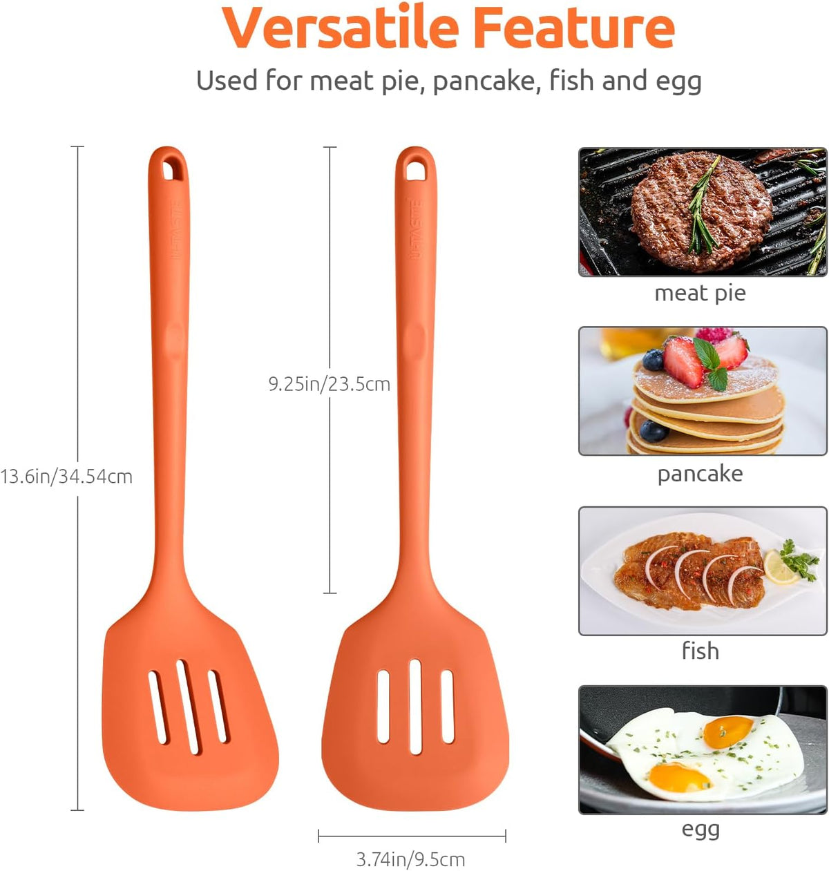 600ºF Heat Resistant Slotted Turner: U-Taste 13.6in Silicone Kitchen Spatula Flipper, 3.74in Wide Food Grade Flexible Thin Rubber Cooking Utensil for Egg, Pancake, Cookie in Nonstick Cookware (Orange)