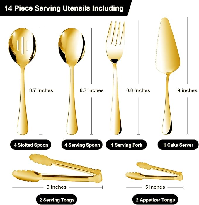 14PCS Serving Utensils - Hostess Serving Utensils Set, Premium Stainless Steel 8.7 inch Serving Utensils, Slotted Spoons, Fork, Tongs, Cake Pie Server for Buffet, Wedding, Dinner (Gold)