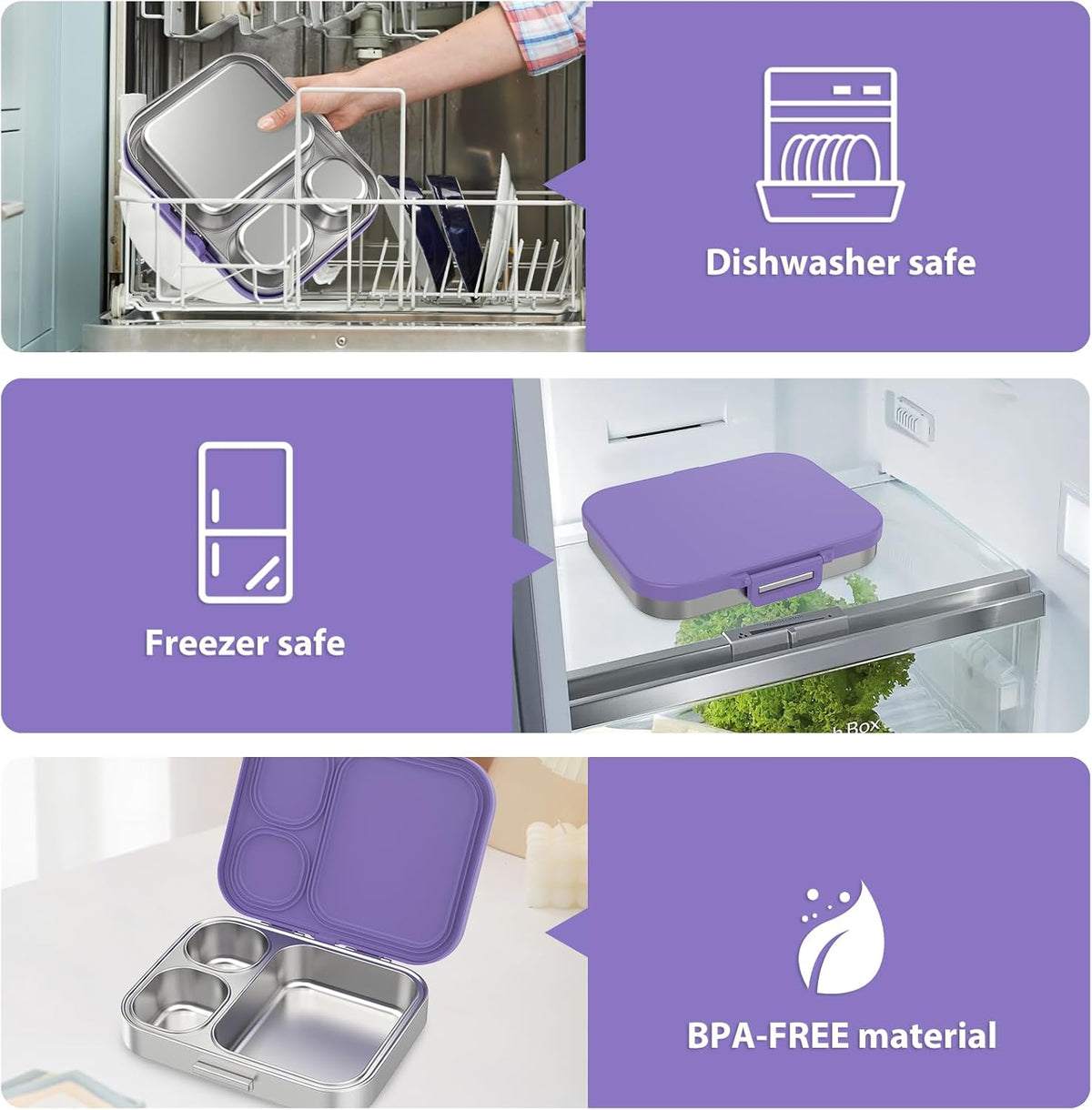 Stainless Steel Bento Lunch Box for Kids | 3-Compartment Lunch Box Container Kids | 100% Leakproof, Dishwasher-Safe, Eco-Friendly, Perfect Portion Control for Kids&Adult Healthy Meals (Purple)